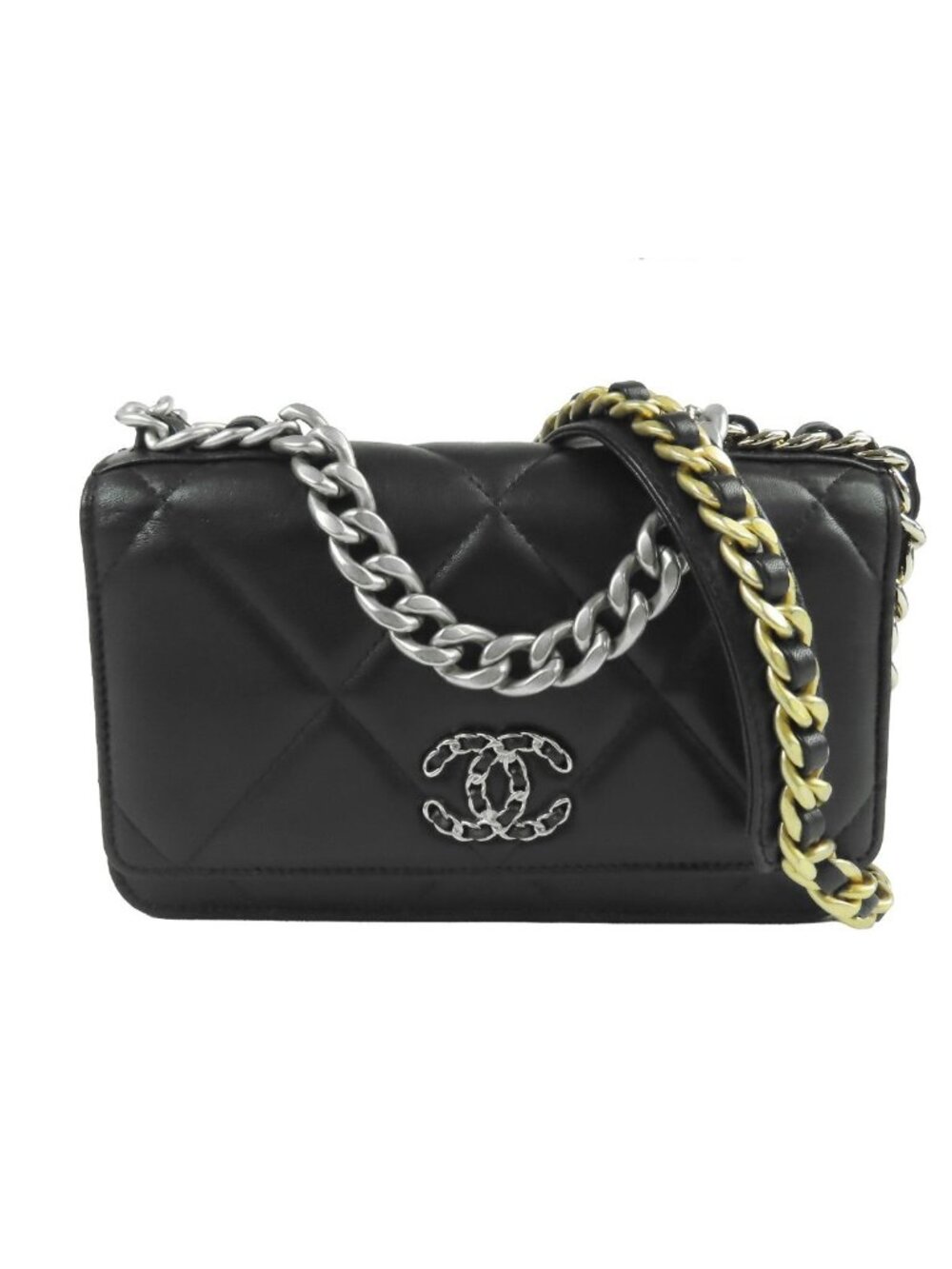Chanel 19 Black Gold Silver Lambskin Quilted Wallet Pochette 2-Way Handbag Chain